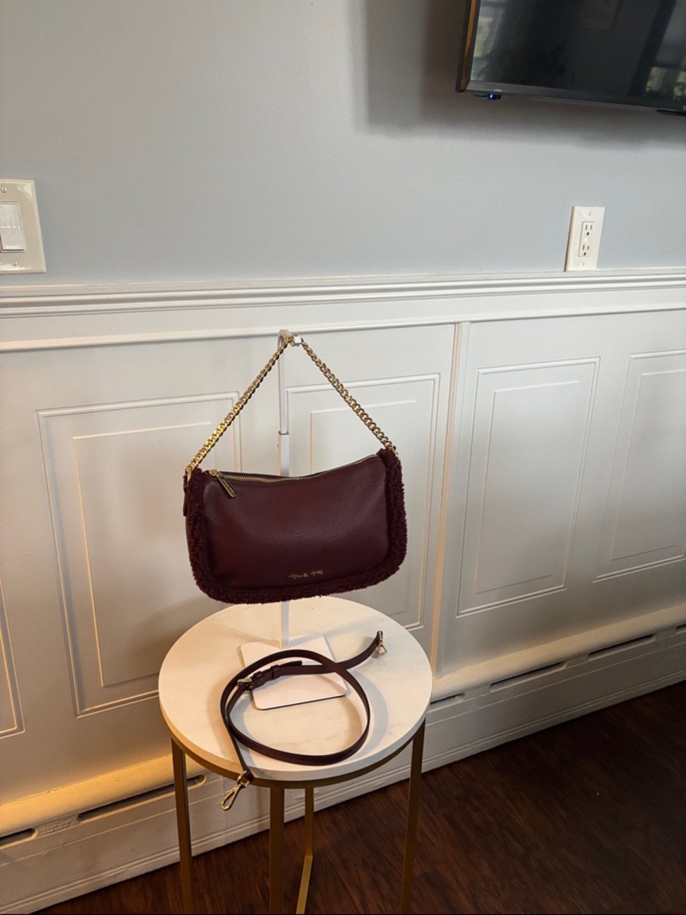 Michael Kors Wine Pebbled Leather Shoulder Bag with Gold Chain
